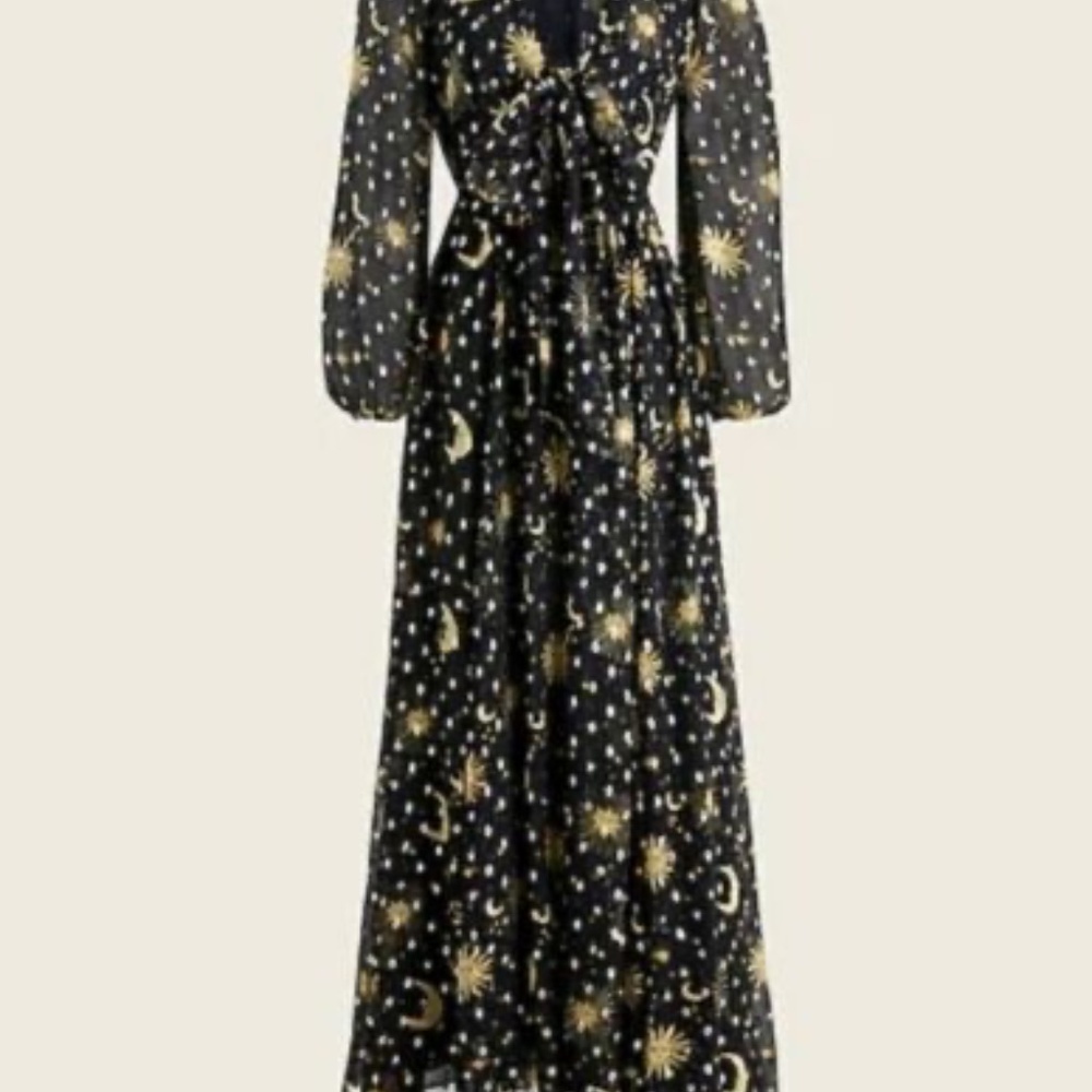 BNWT J.Crew Tie-Front Lurex Maxi Dress in Celestial Star Moon Sun Print XS - Picture 2 of 6